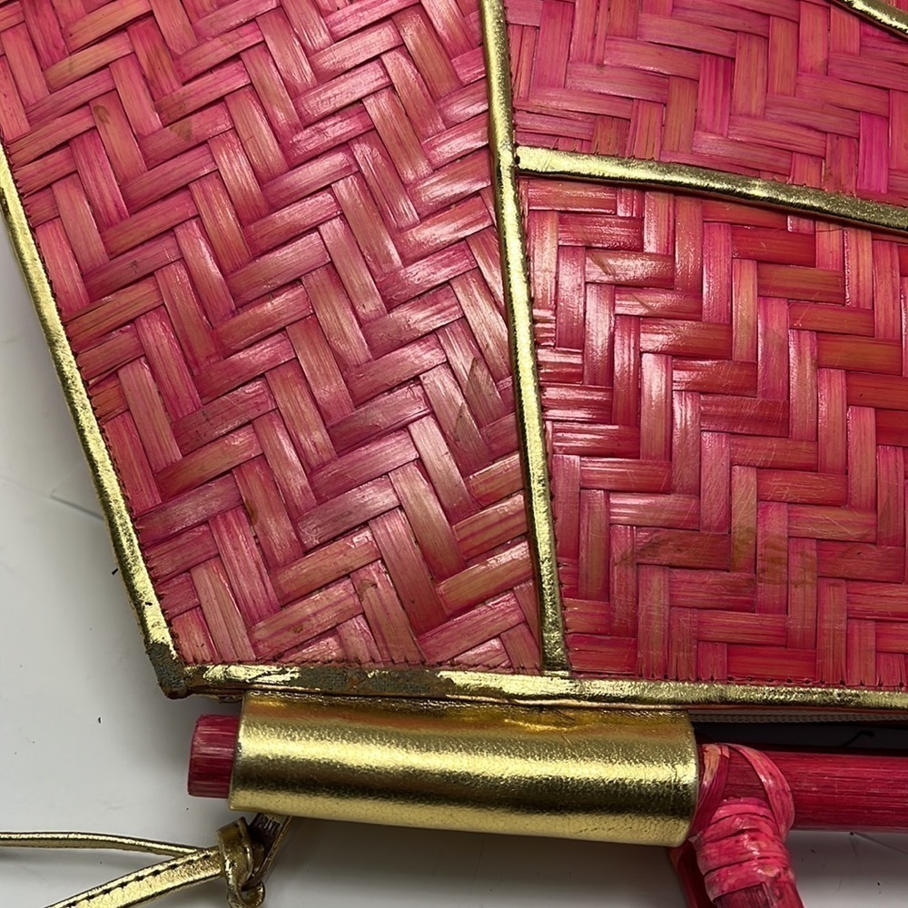 Pink Rattan Gold Lame Leather Zip Large Structured Handbag - Picture 11 of 16